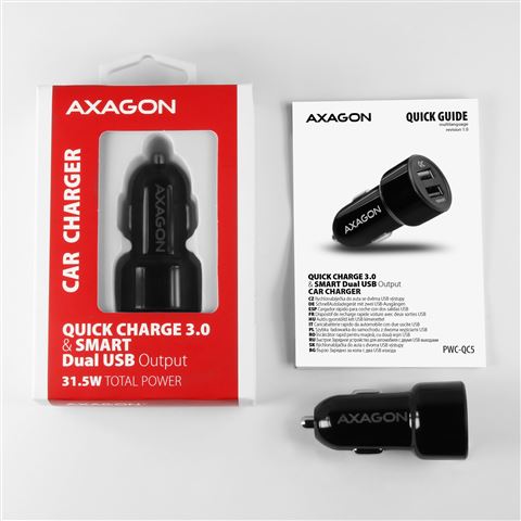 AXAGON PWC-QC5 car charger Smart 5V 2,4A + QC3.0, 30W, crni
