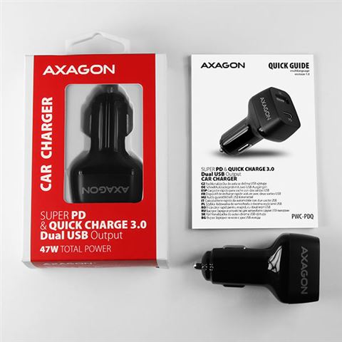 AXAGON PWC-PDQ car charger 1x QC3.0 + 1x PD USB-C, 45W, Crni