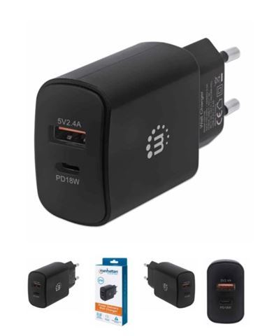 MH zidni punjač 27 W; USB-A i USB-C port (do 18W), crni