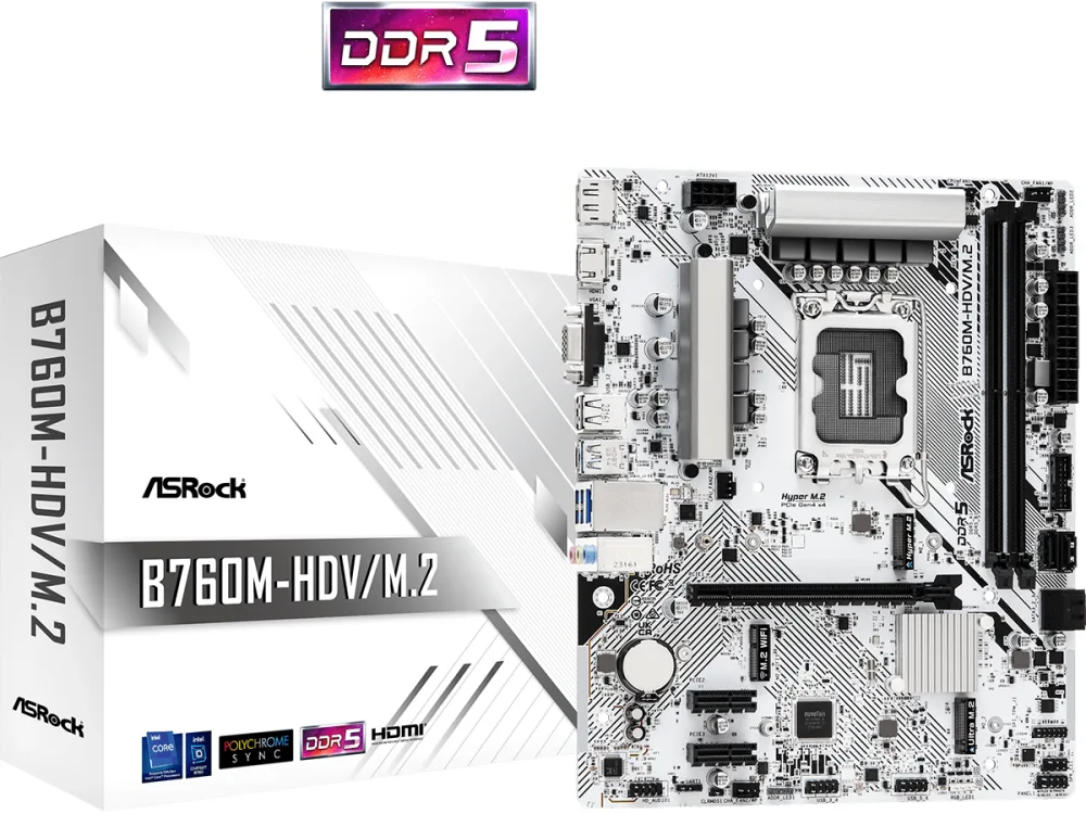 ASROCK MB B760M-HDV/M.2B760, LGA1700, 2xDDR5, 2xM.24xSATA,RAID,HDMI,DP,VGA,MicroATX, White