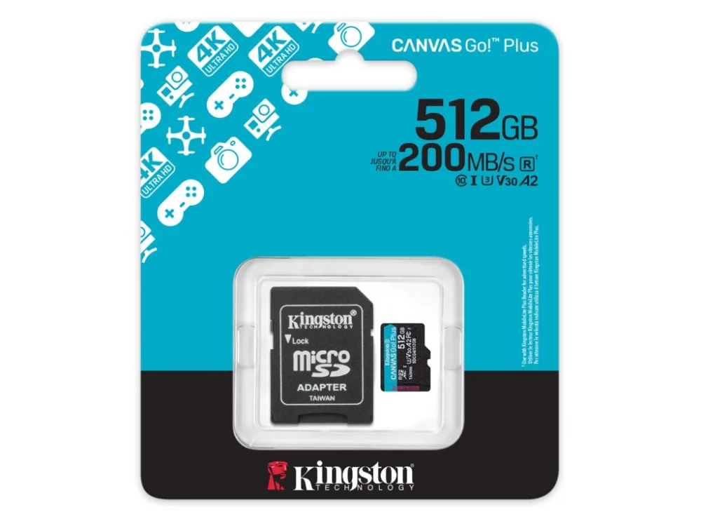 Kingston microSD 512GBCanvasGoPlus, Gen4r/w:200MB/s/160MB/s,with adapter