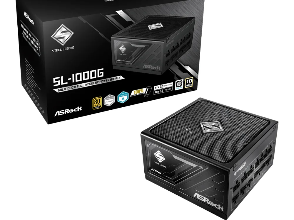 ASROCK PSU 1000W Gold Steel LFully Modular,80PLUS,135mm fanATX 3.1. PCIe 5.1, Japanese Capacitors
